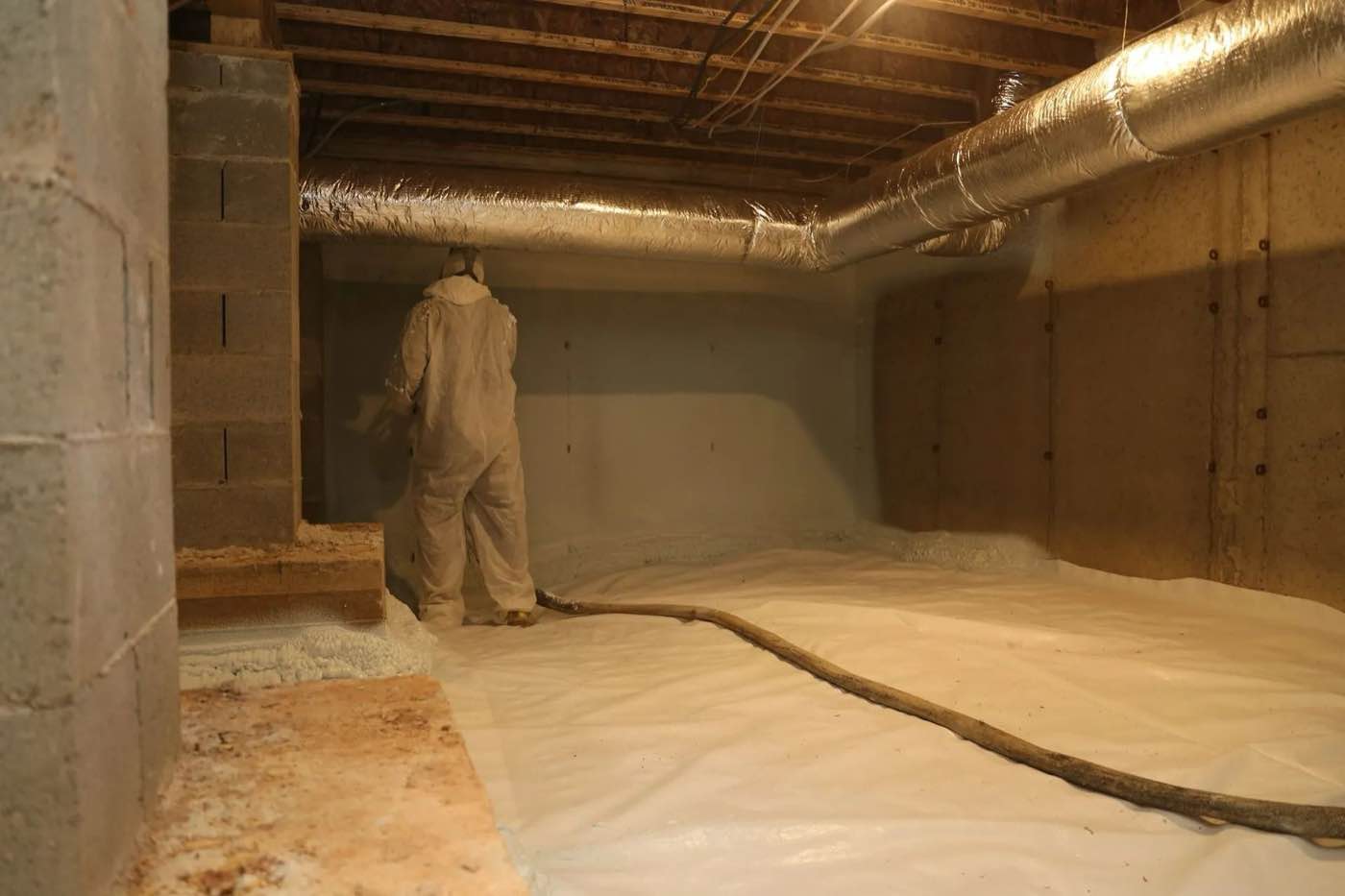 Crawl space encapsulation in progress under a Middle Tennessee home