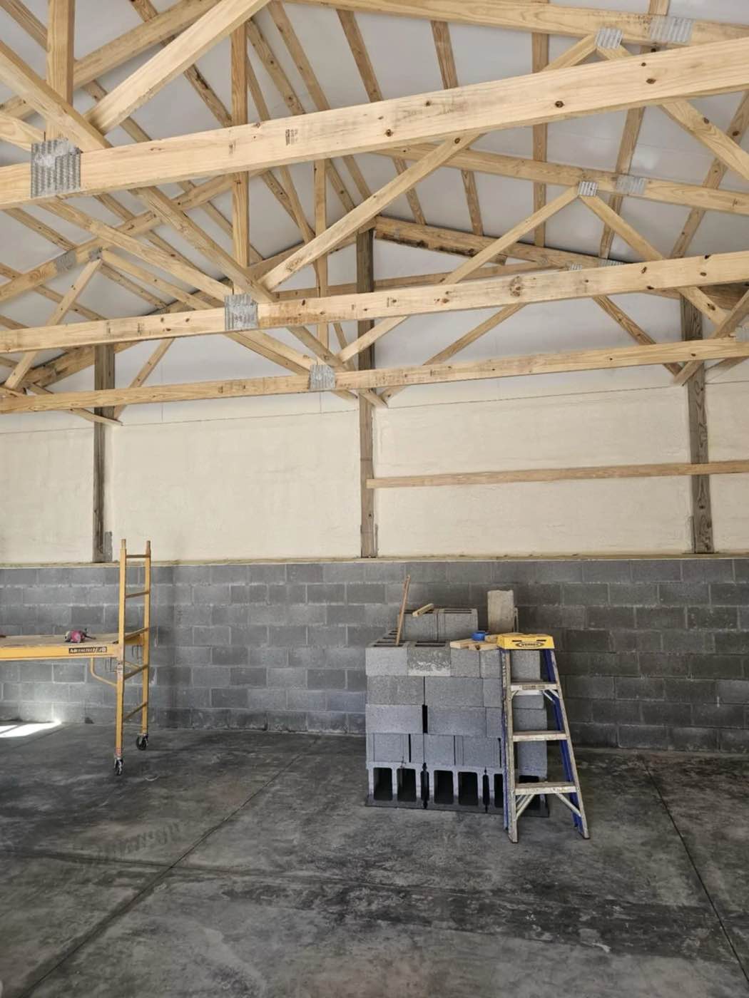 Timber framed building after spray foam application