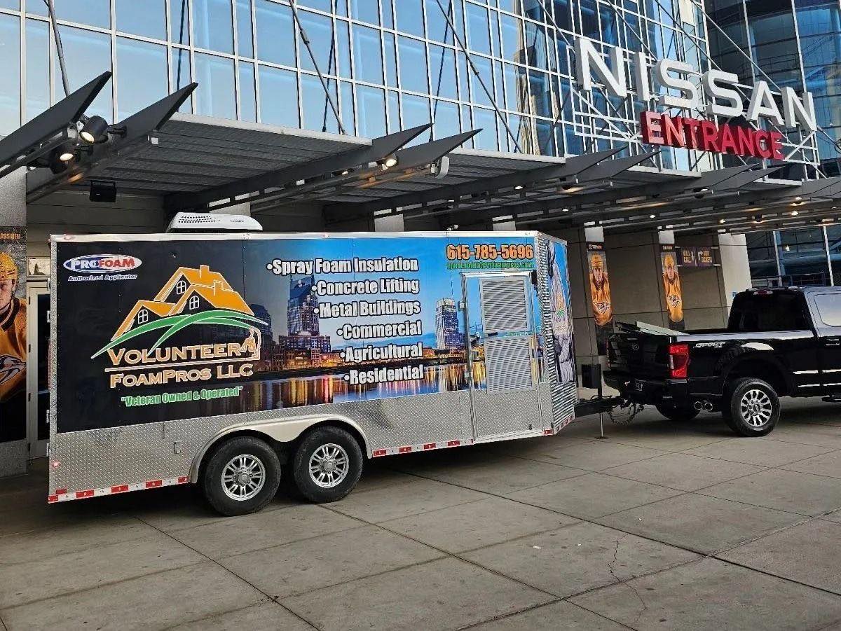 The Volunteer FoamPros spray foam trailer at the Nissan Entrance of Bridgestone Arena in downtown Nashville